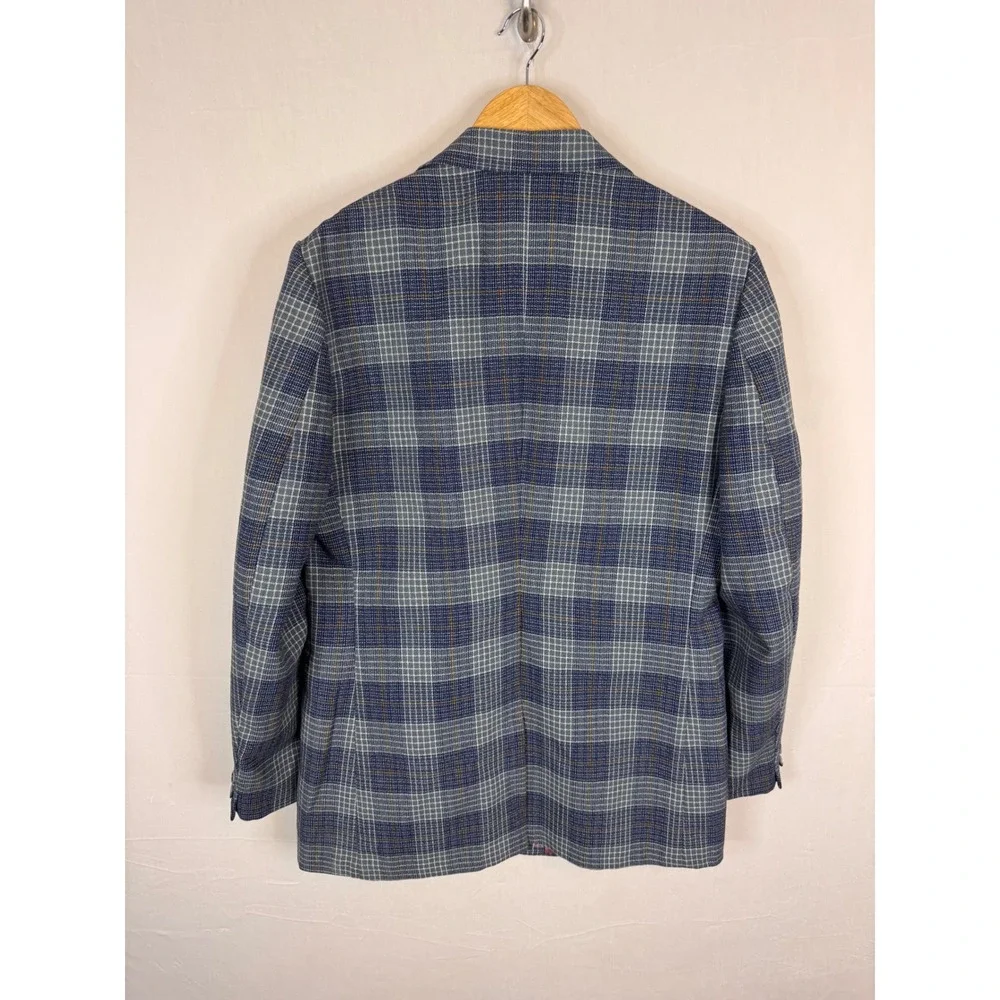 Vintage‎ Zellers Mens 40R  Shop Blue Grey Plaid Wool Blend Blazer Sport Coat 70s